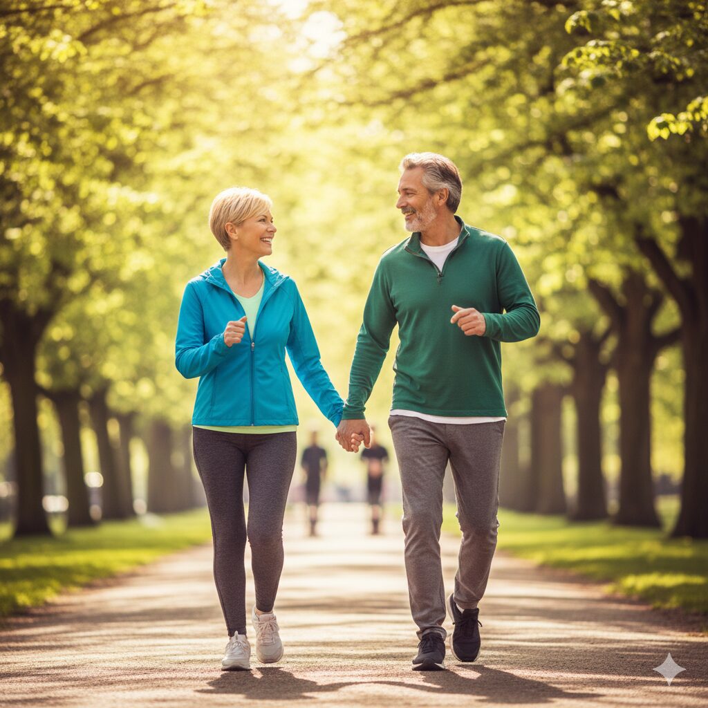 Image2 : An image of a healthy middle-aged couple actively walking outdoors.