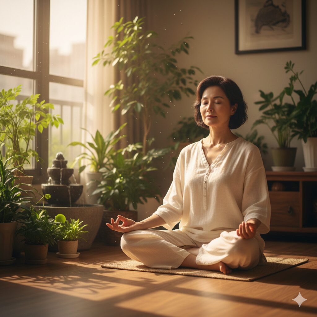 Image3 : An image of a person relieving stress through meditation or yoga in a calm, serene environment.
