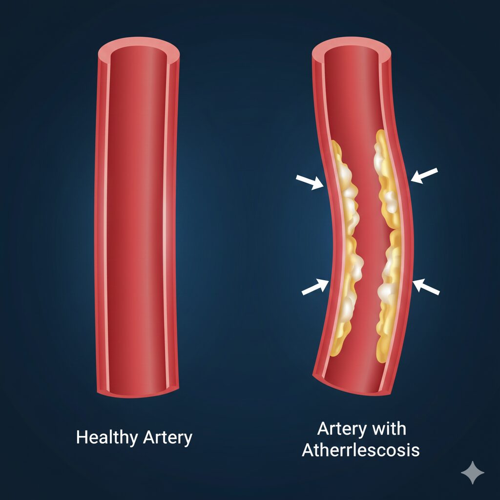 Image1 : A simplified human body illustration contrasting a clean coronary artery with one narrowed by atherosclerosis.