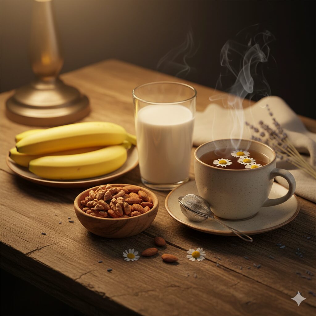 A cozy setting with sleep-friendly foods like bananas, milk, walnuts, and a cup of chamomile tea.