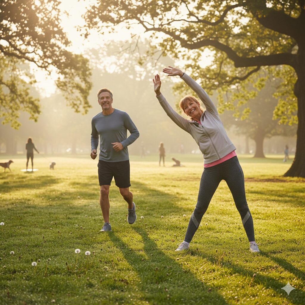 An active older adult (man/woman) jogging or doing light stretching in a park in the morning.