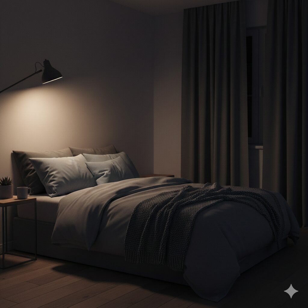 A peaceful and cozy bedroom setting, dark and cool, with the clock removed, emphasizing sleep focus.