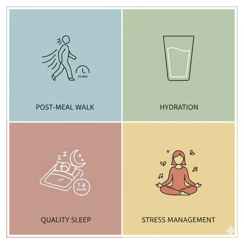 Infographics showing icons for walking, drinking water, and getting enough sleep with a calm expression
