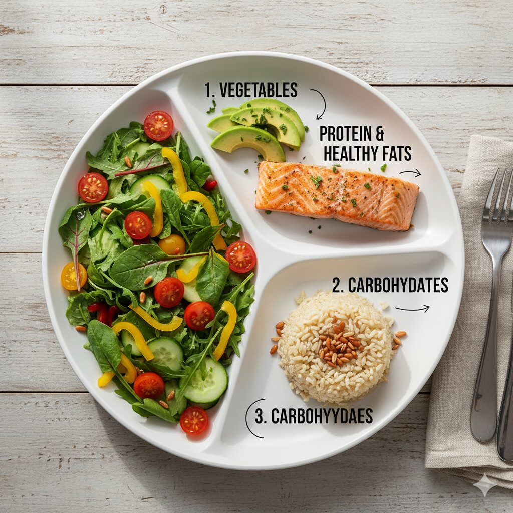 A plate showing vegetables (salad), protein (fish), and rice (carbohydrate) arranged in the recommended eating order