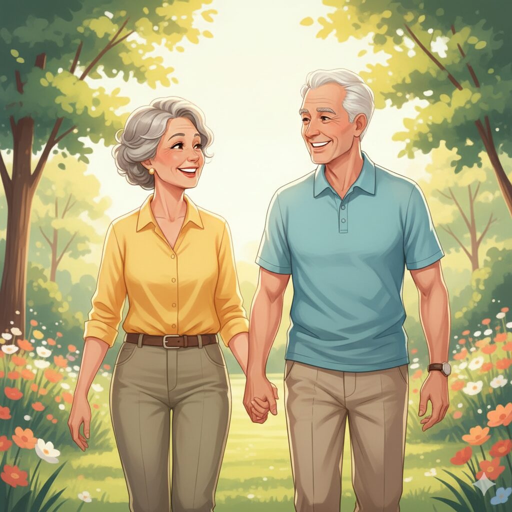 Image 5: A healthy and active couple smiling, perhaps hugging or holding hands (bright, positive atmosphere).