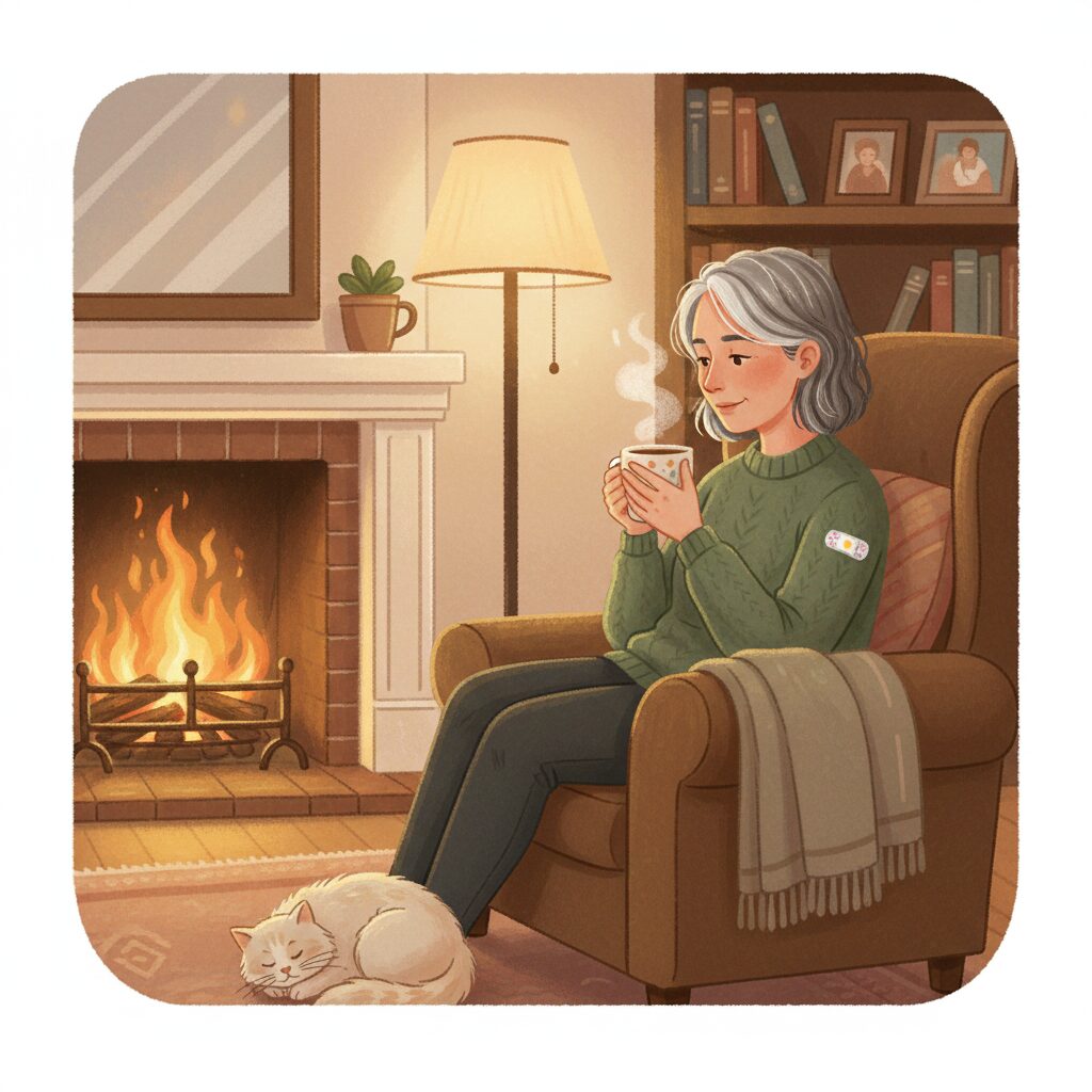 Image 4: A person resting comfortably, perhaps drinking warm tea, with a bandage on their arm after receiving the pneumococcal vaccine.