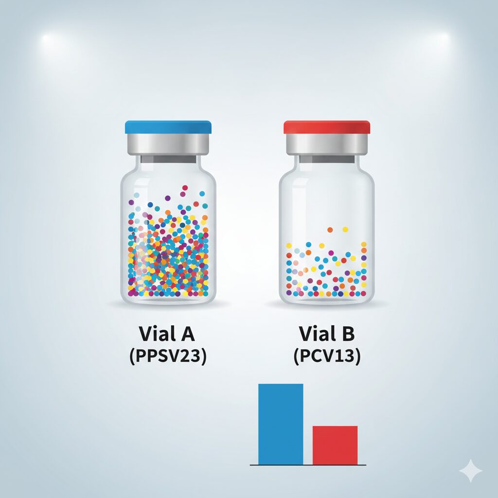 Image 2: Simple infographic comparing PPSV23 and PCV13 vaccines (highlighting key features, number of strains covered, and cost difference).