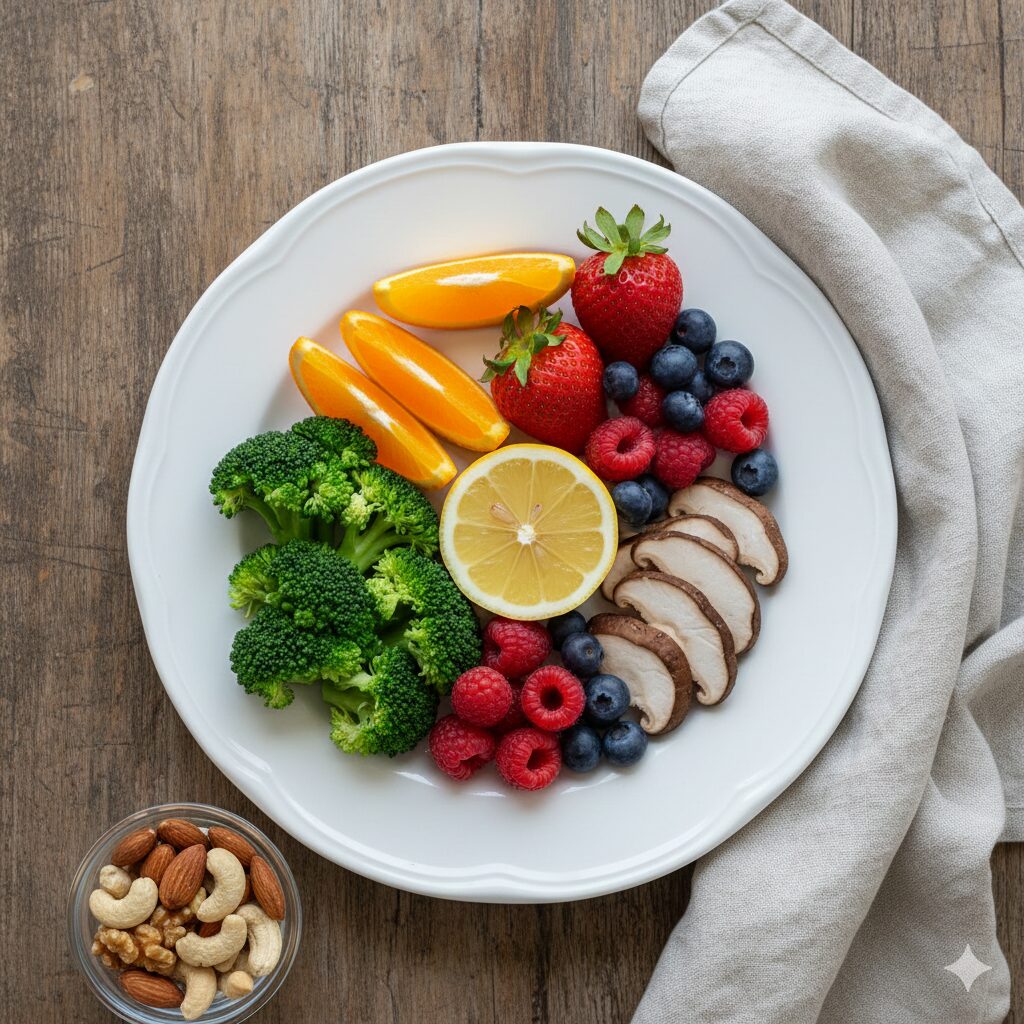 (Image 4 : An image of a plate full of fresh vegetables and fruits, symbolizing a healthy diet for boosting immunity)
