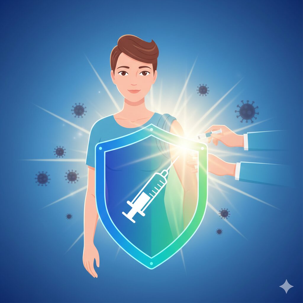 (Image 3 : An image symbolizing the shingles vaccination. A depiction of an arm receiving an injection or a vial of vaccine with a shield icon superimposed)