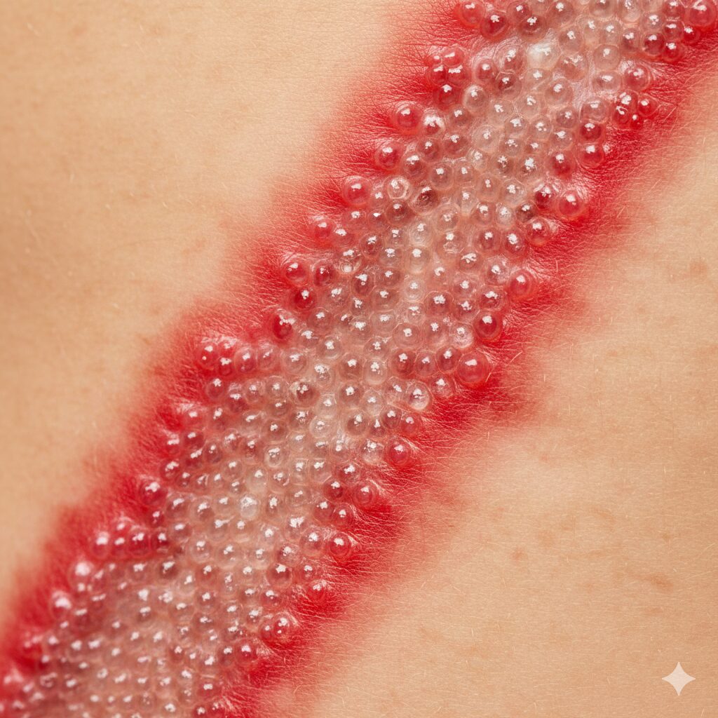 (Image 2 : A close-up image of the typical appearance of a shingles rash. Red, clustered blisters in a band shape on one side of the torso)