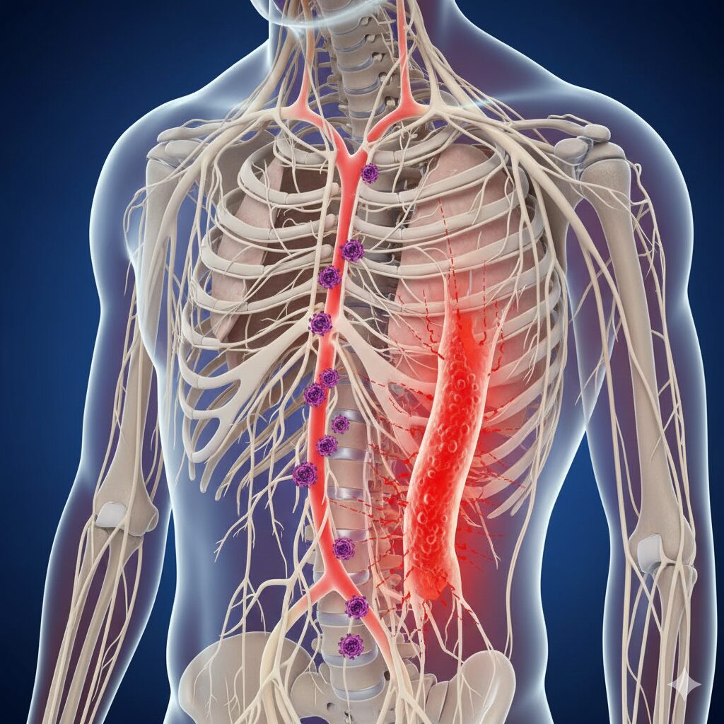 (Image 1 : Illustration showing the spread of shingles along the body's nervous system, resulting in a band-like rash on the skin - Relationship between the nervous system and skin rash)
