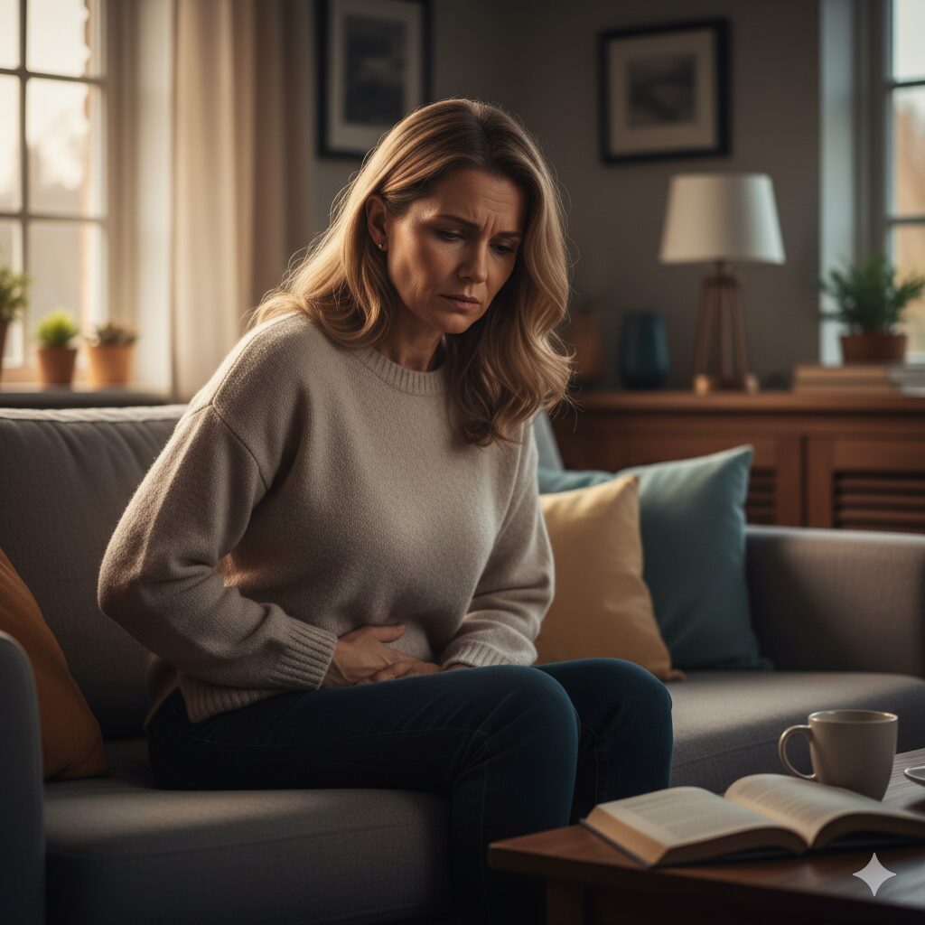 이미지 1: 의자에 앉아 한 손은 복부를 짚고 다른 손은 이마를 짚으며 고민하는 표정의 중년 여성. (대장암 증상에 대한 고민과 자가진단 필요성 강조)