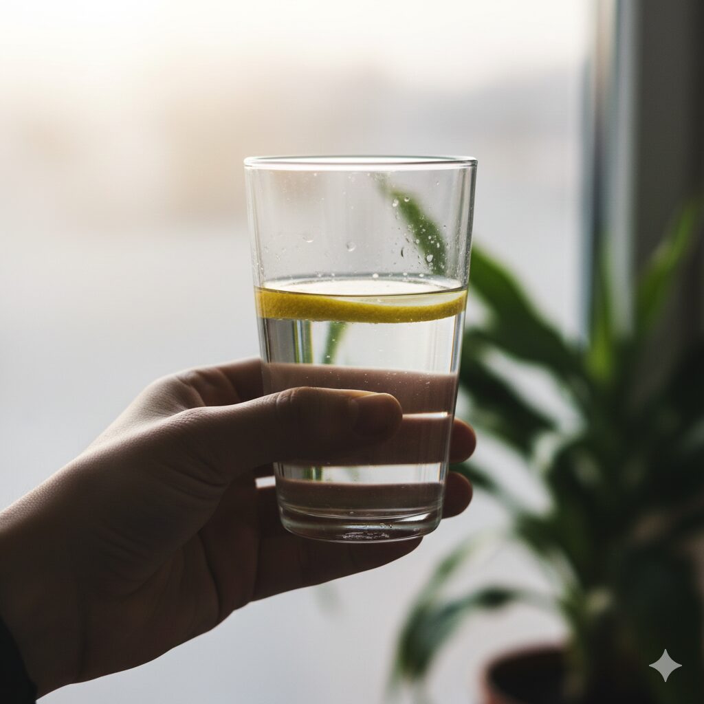 이미지 3: 금연/절주 표시와 함께 물 한 잔을 마시는 사람의 손. (건강한 생활 습관 실천)