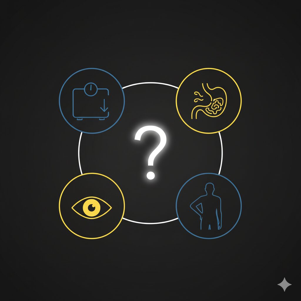 이미지 2 : Image symbolizing pancreatic cancer self-check signs, featuring icons representing gastrointestinal discomfort, weight loss, jaundice, and back pain.