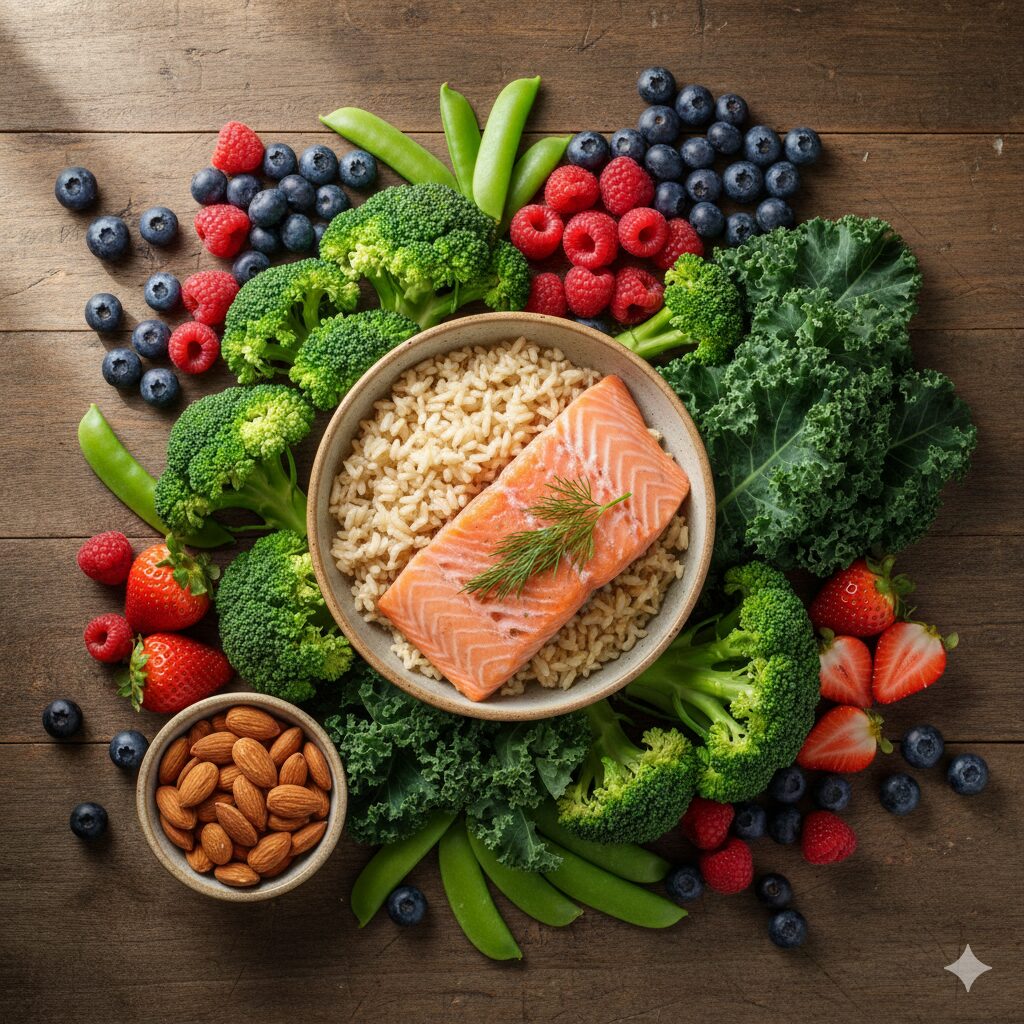 이미지 3 : Image of a healthy diet featuring fresh vegetables (broccoli, kale), fruits, and nuts.