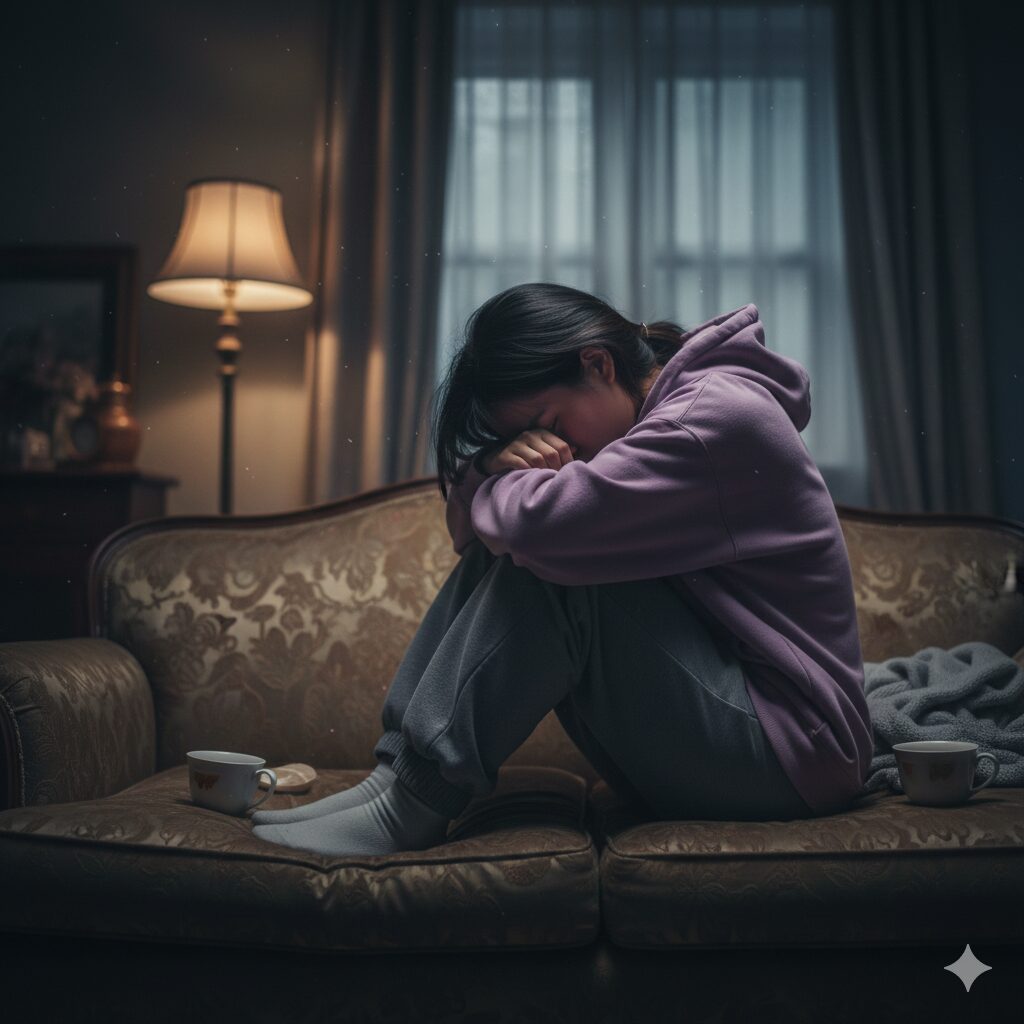 Image 1 : A person lying on a sofa, looking exhausted due to chronic fatigue and lethargy (dark, heavy atmosphere).