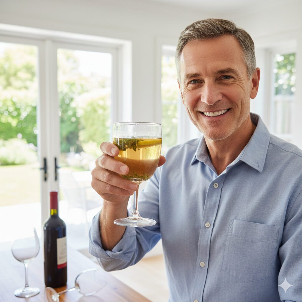 Image 2 : A person smiling brightly, holding a glass of water instead of an alcoholic drink (bright, healthy atmosphere).