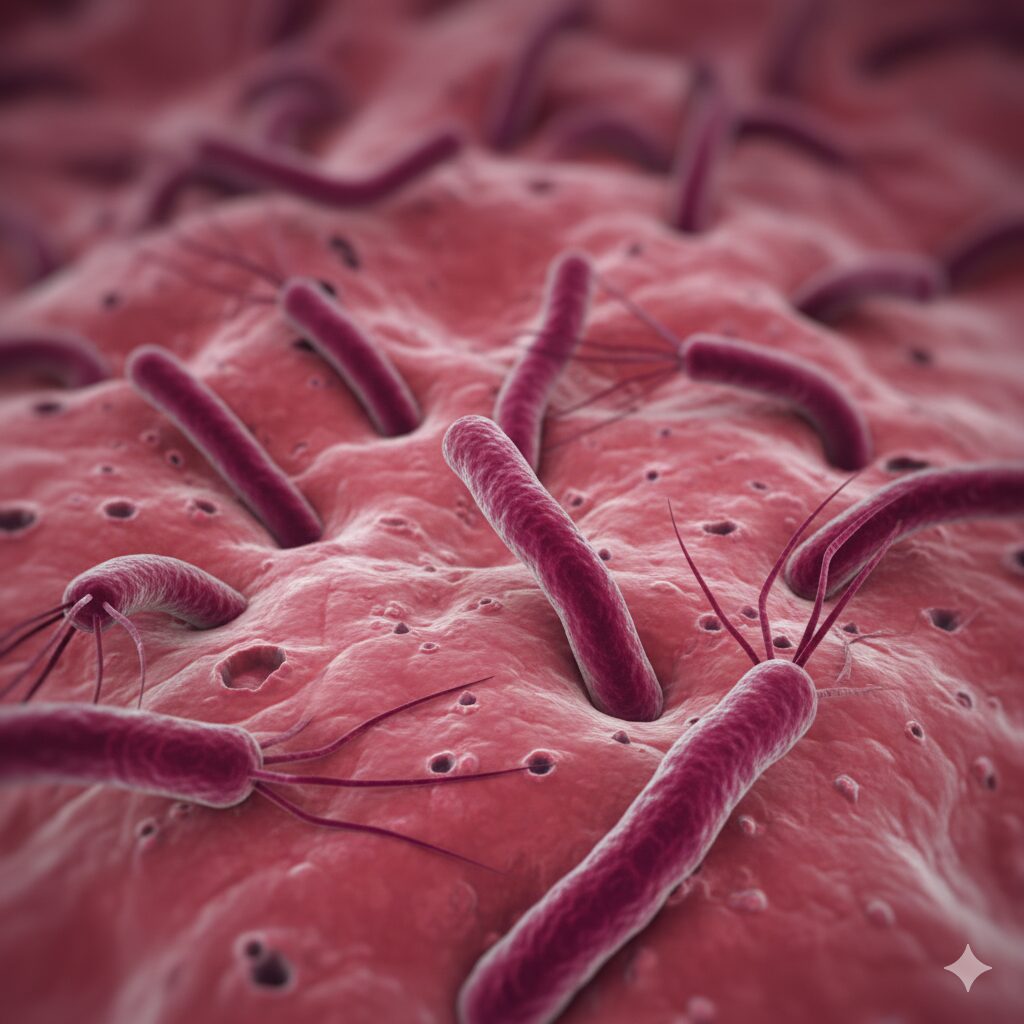 Image 2 : Illustration depicting Helicobacter Pylori bacteria colonizing the stomach lining