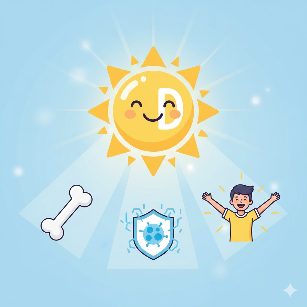 Image 1: A bright, warm illustration of a sun shaped like Vitamin D illuminating strong bones, active immune cells, and a smiling, happy person.