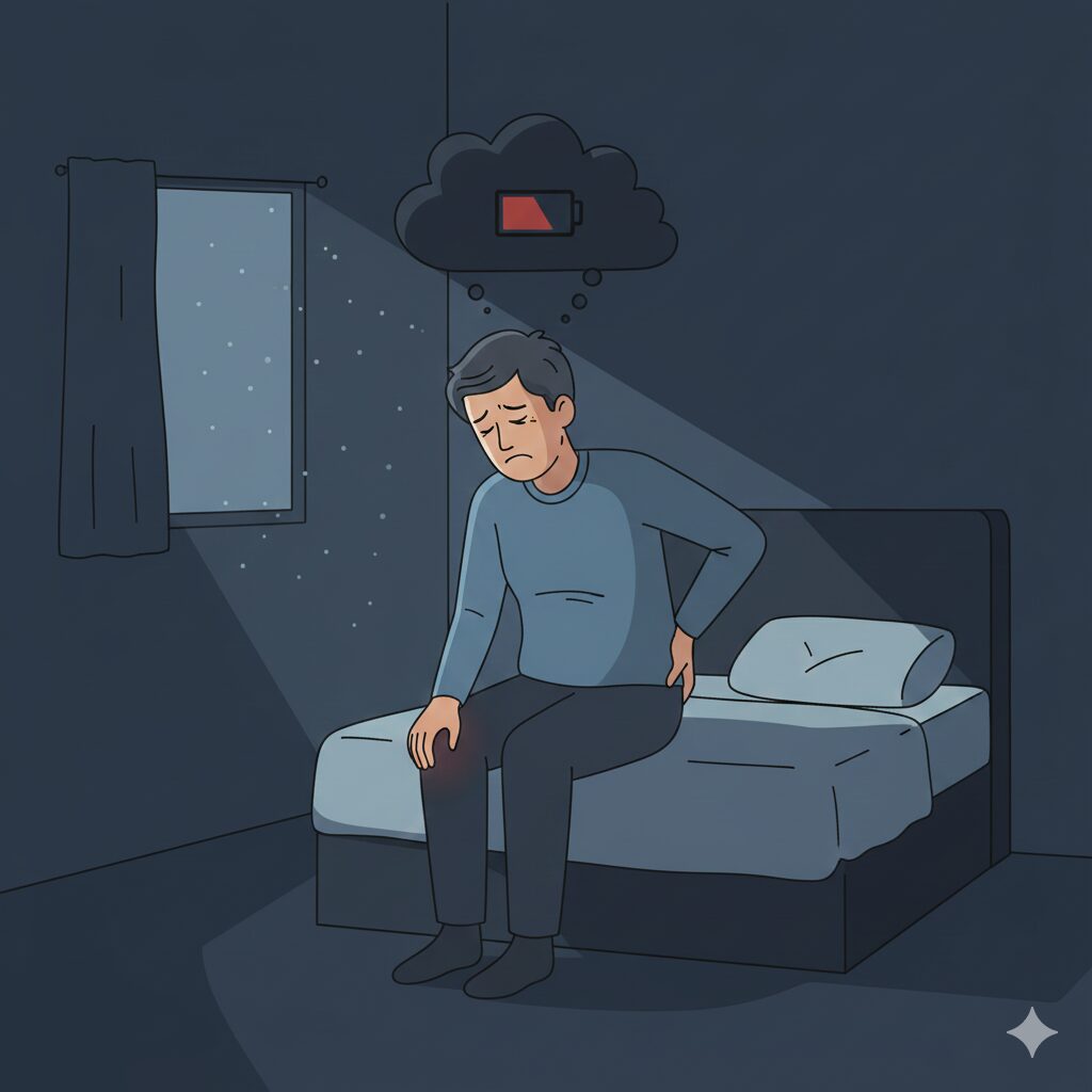 Image 2: An illustration depicting a person looking tired and holding their aching knee and lower back, contrasted with a shadowy, indoor environment.