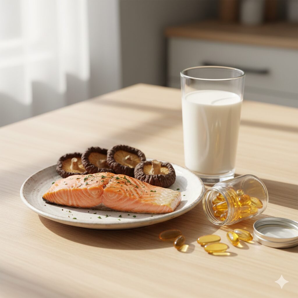 Image 3: A still life composition showing sun-dried mushrooms, a piece of salmon, a carton of milk, and Vitamin D supplement capsules.