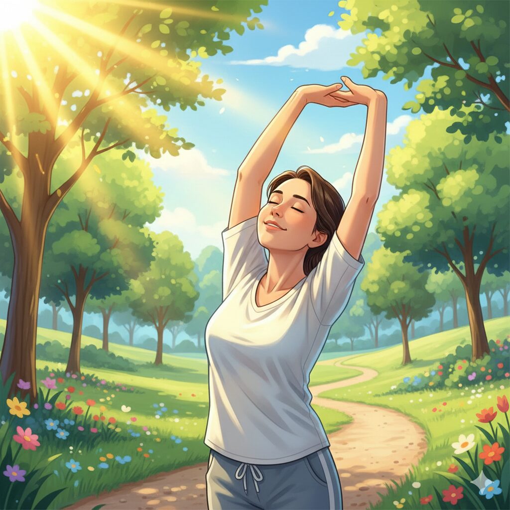 Image 4: A cheerful scene of a person smiling and stretching lightly in a park while enjoying the sunshine (a vibrant, active atmosphere).