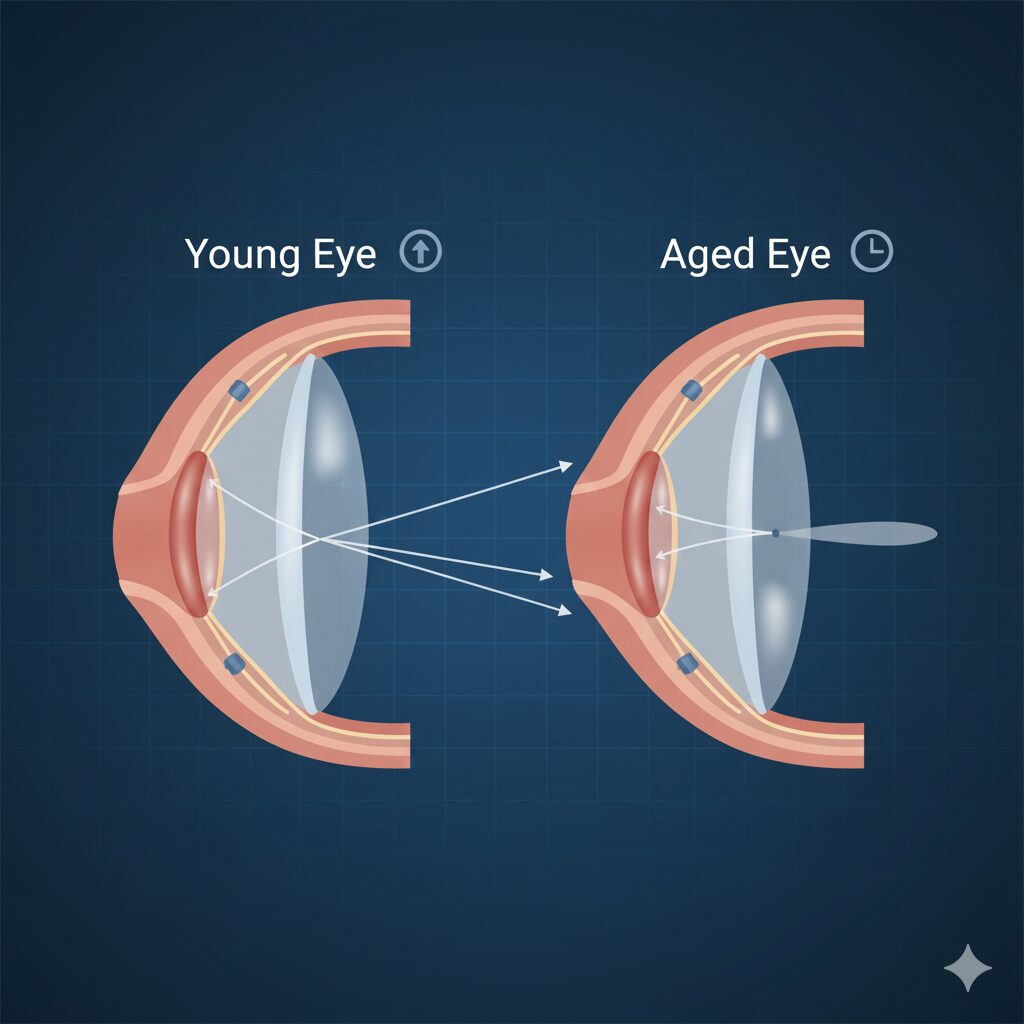 Image 1: An illustration showing the principle of how the crystalline lens and ciliary muscles in the eye adjust focus. The image contrasts a young eye with an eye affected by presbyopia.