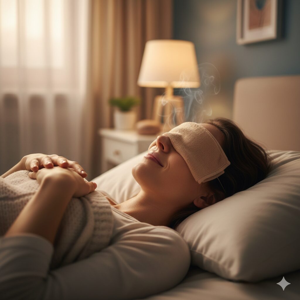 Image 2: A person comfortably relaxing with a warm compress over their eyes (suggesting a cozy and relaxing atmosphere).