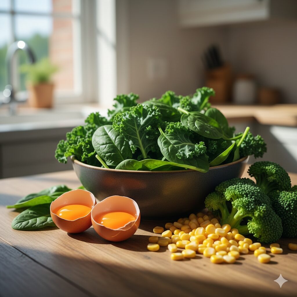 Image 3: A fresh arrangement of foods rich in Lutein and Zeaxanthin, such as kale, spinach, and egg yolks.