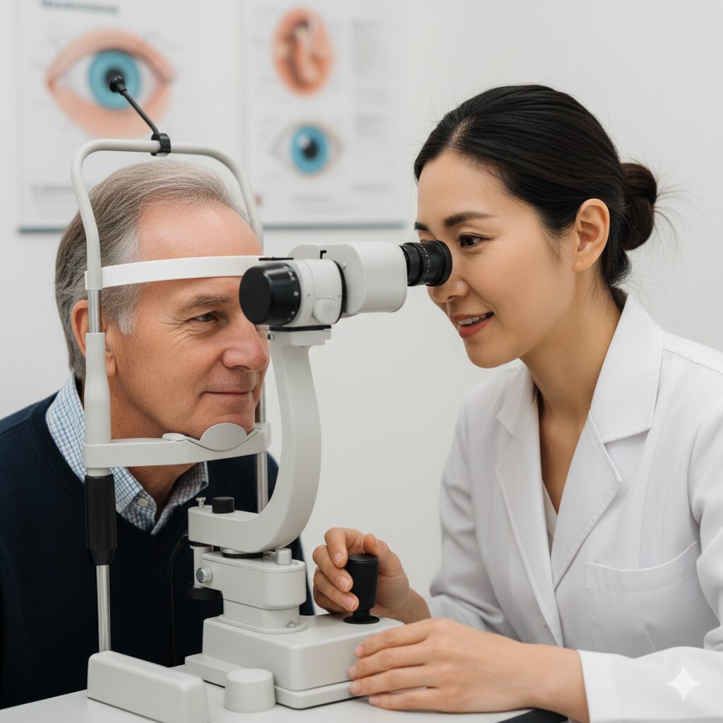 Image 4: A person receiving an eye examination with specialized equipment at an ophthalmologist's clinic (professional and comforting setting).