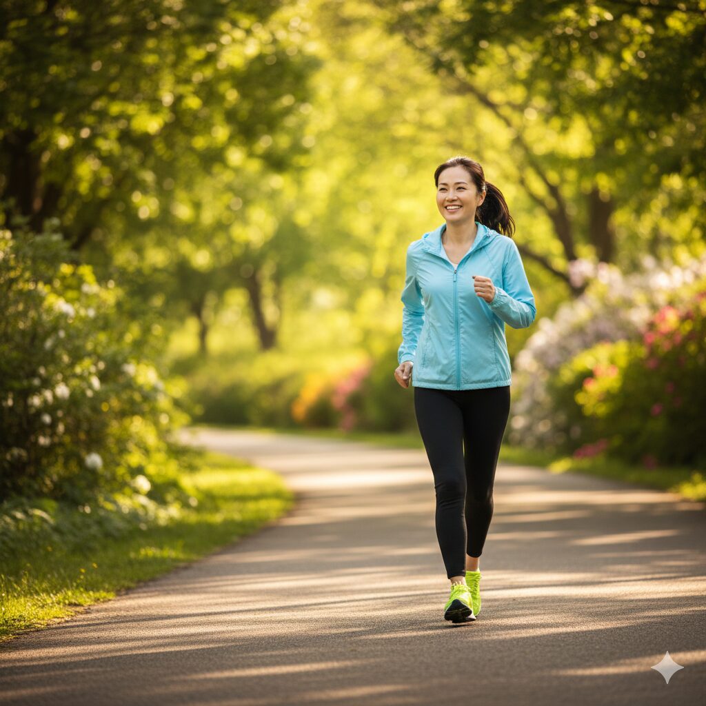 A happy person walking briskly in a park, enjoying the fresh air.
