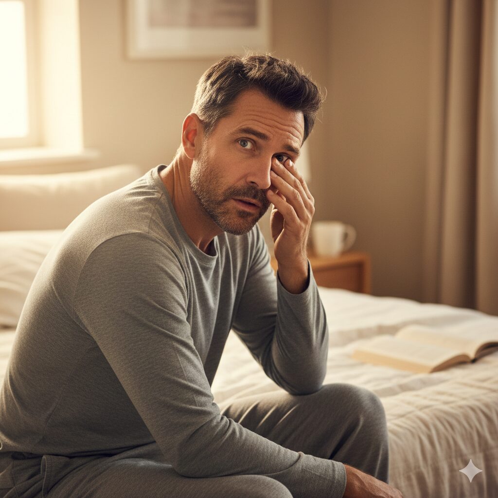  A person looking confused and rubbing their eyes in a sunlit bedroom as if their vision is blurred.