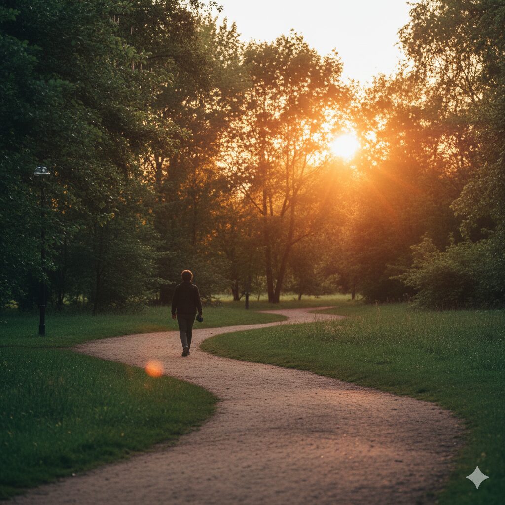 A peaceful scene of a person enjoying a morning walk in a green, sunny park