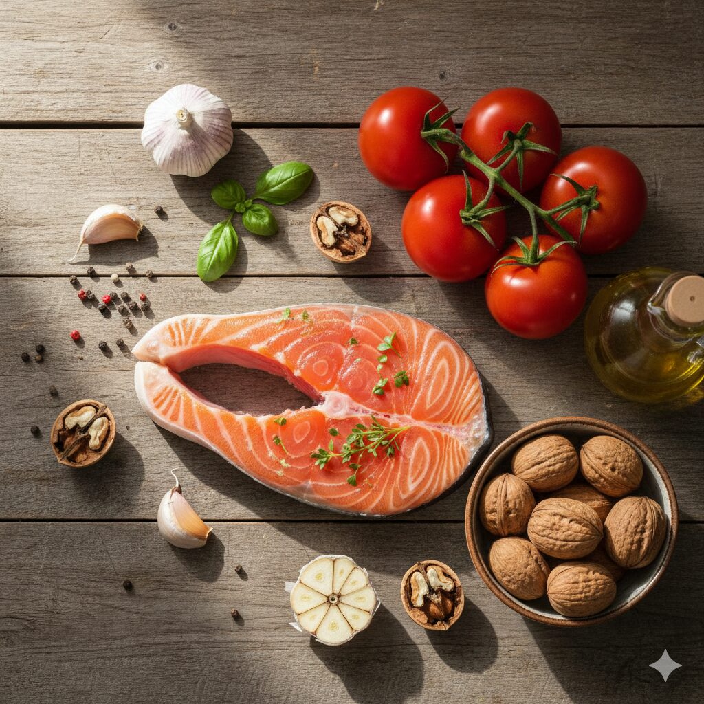 A vibrant spread of "vascular superfoods" including tomatoes, salmon, walnuts, and garlic on a wooden table