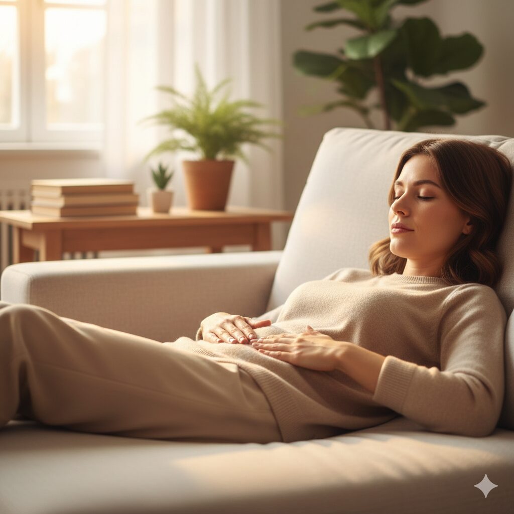 A person lying comfortably, gently checking their abdomen near the navel for any unusual pulsing or lumps