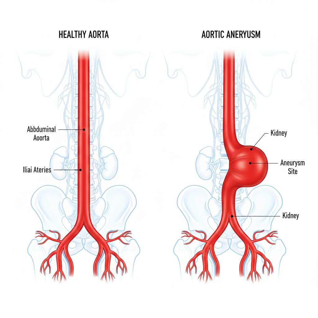 Medical illustration of an abdominal aorta showing a balloon-like bulge (aneurysm) behind the abdominal cavity