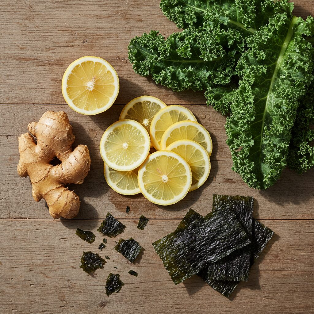 Image 5 - A vibrant flat-lay of healthy foods including ginger root, fresh lemons, dark leafy greens, and dried seaweed.