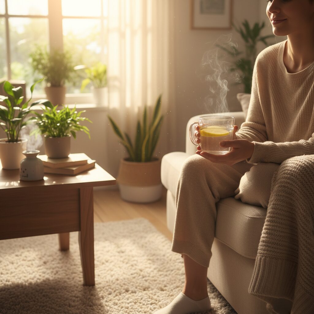 Image 4 - A person relaxing in a comfortable chair, holding a glass of warm lemon water with a peaceful expression.