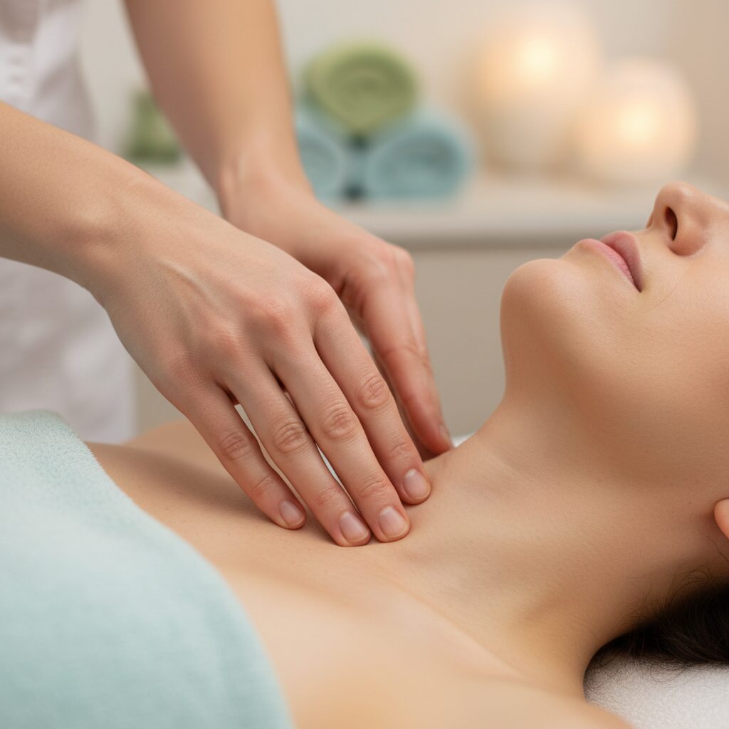 Image 3 - A close-up showing the correct hand placement for a gentle neck-to-collarbone sweeping massage.