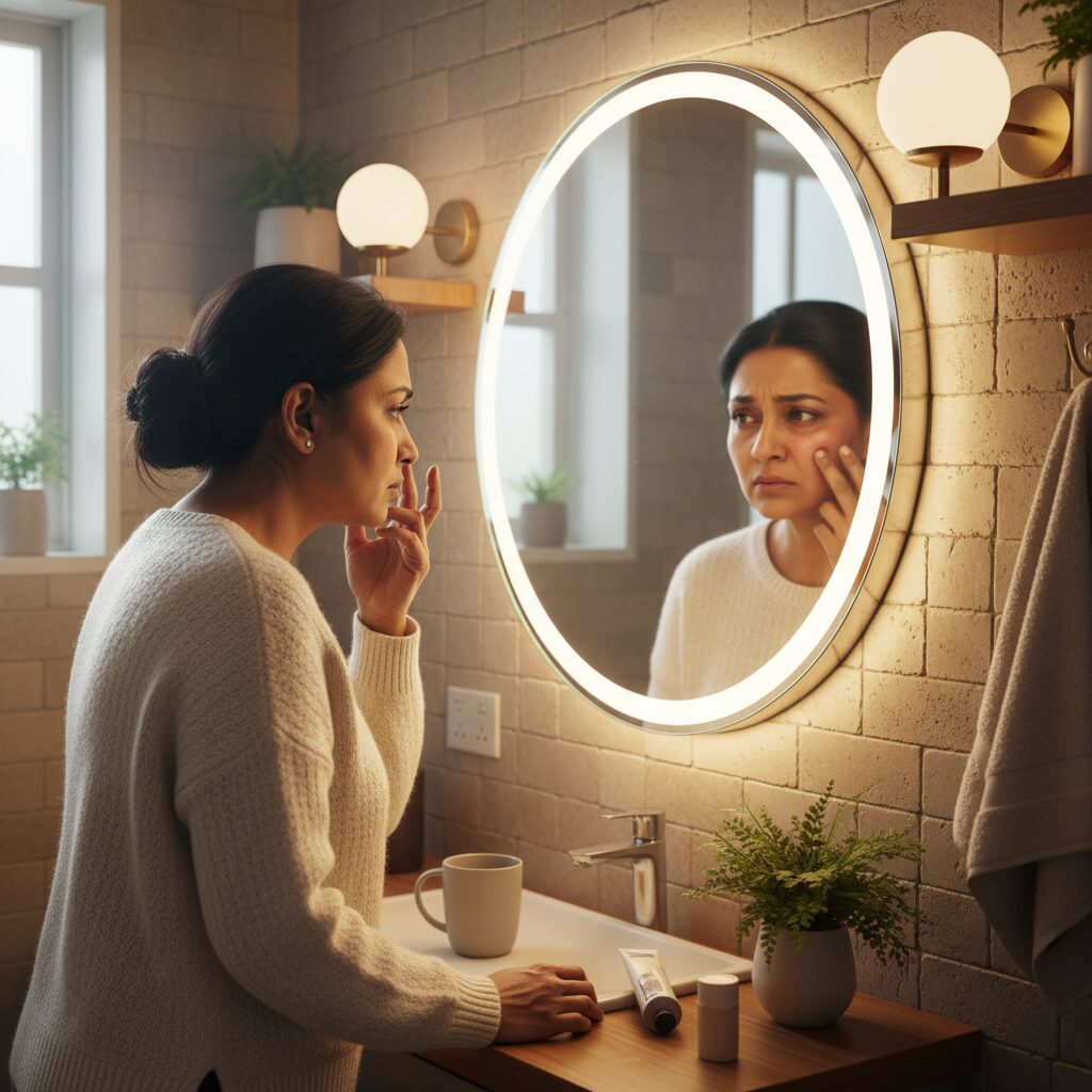 Image 1 - A person looking in a mirror with a concerned expression, touching their slightly bloated face and feeling heavy.