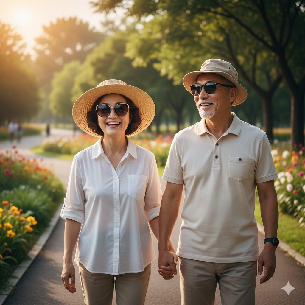 Image 5: A person smiling brightly while walking outdoors wearing high-quality UV-protection sunglasses.