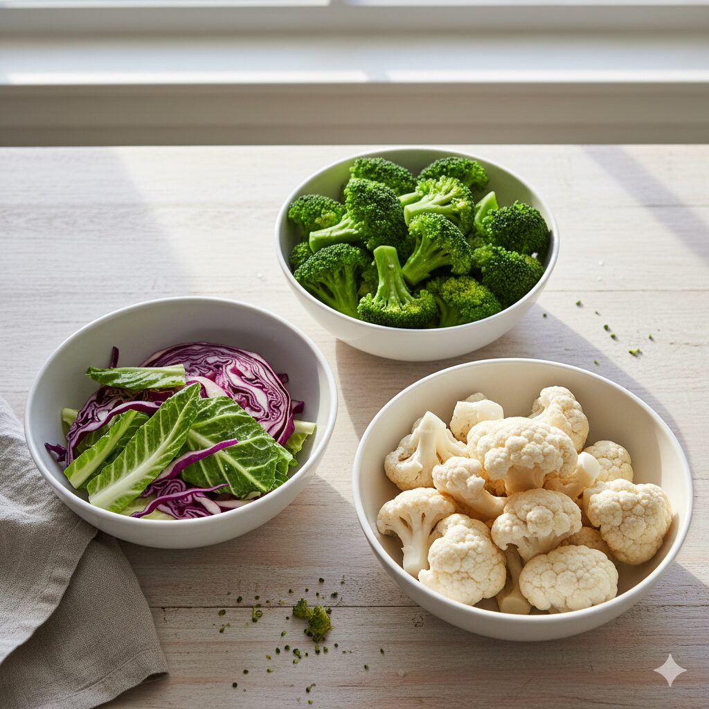 이미지 4 - 브로콜리, 양배추 등 항염증 작용에 탁월한 채소들이 놓인 신선한 식탁