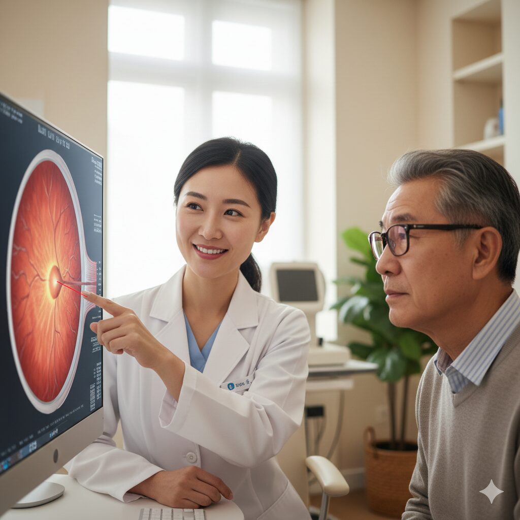 Image 3: A calm clinical setting where a doctor explains the eye injection process to a patient.