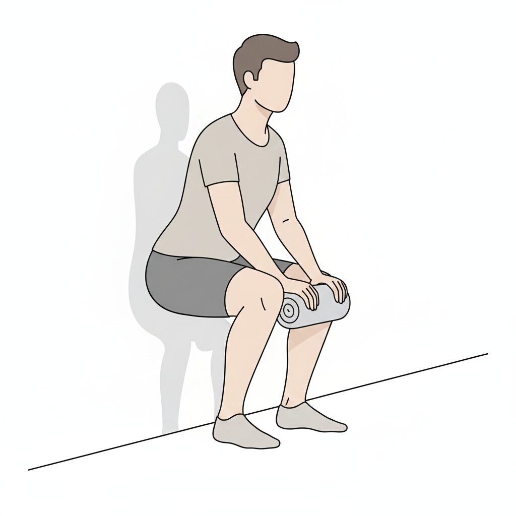 이미지 3 - 벽에 기댄 상태에서 무릎 사이에 수건을 끼우고 운동하는 상세 가이드