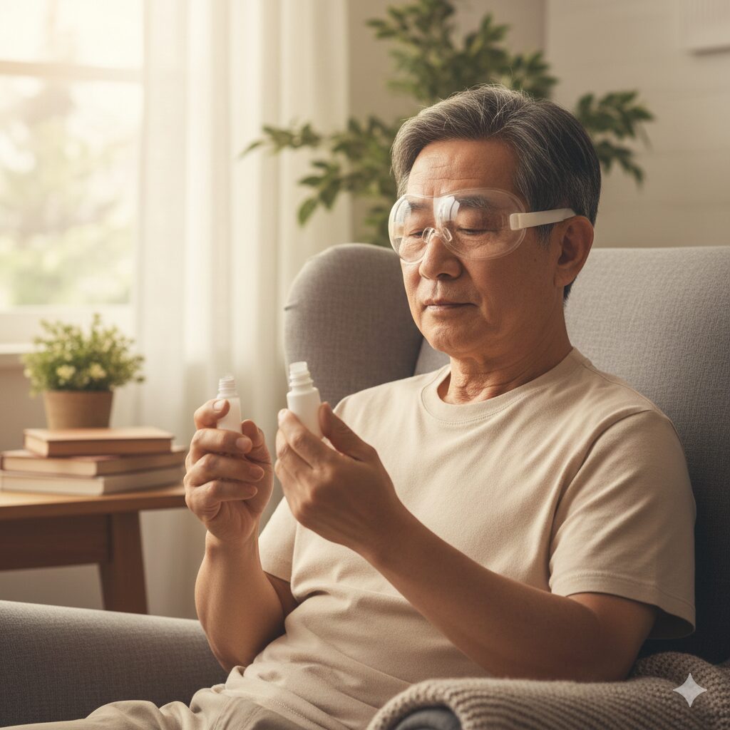 Image 4: A person resting comfortably at home wearing a protective eye shield after treatment.