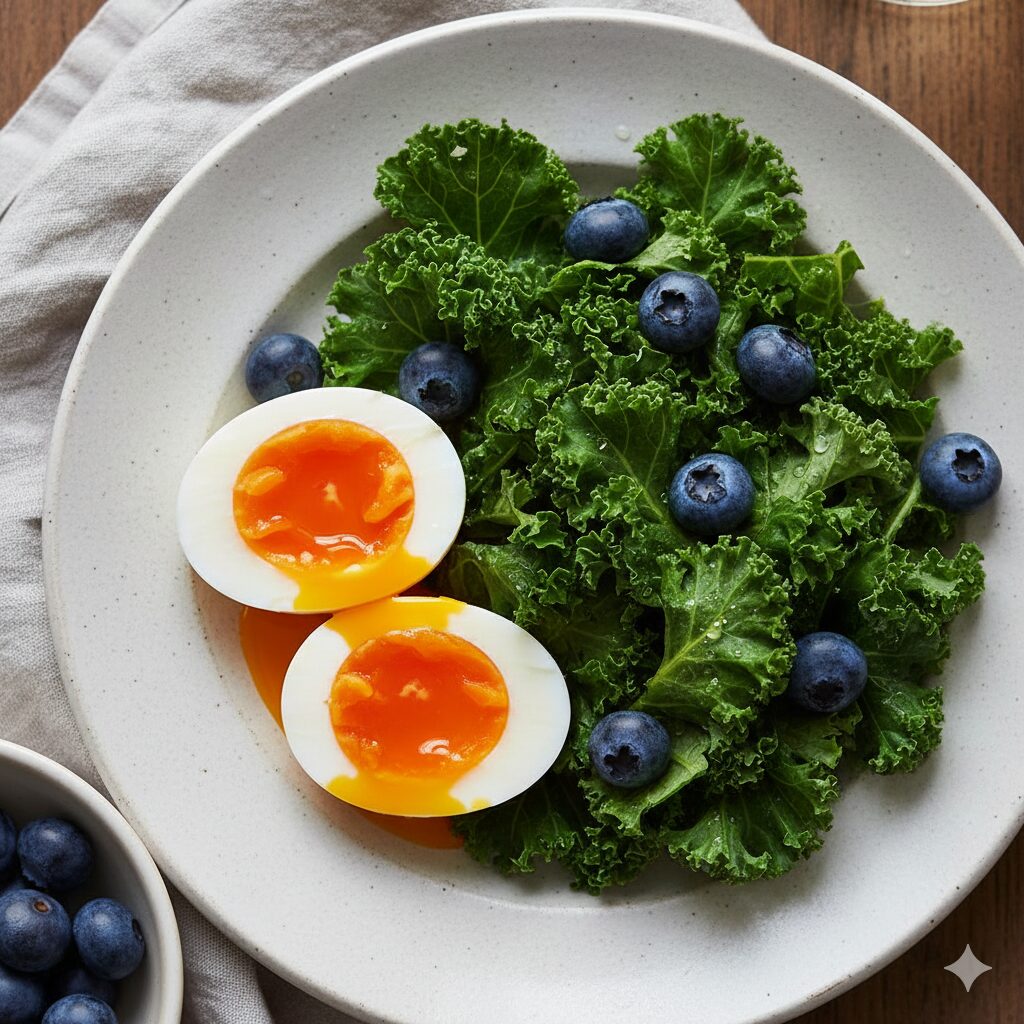 Image 3: An image of a healthy breakfast featuring soft-boiled eggs and fresh colorful vegetables