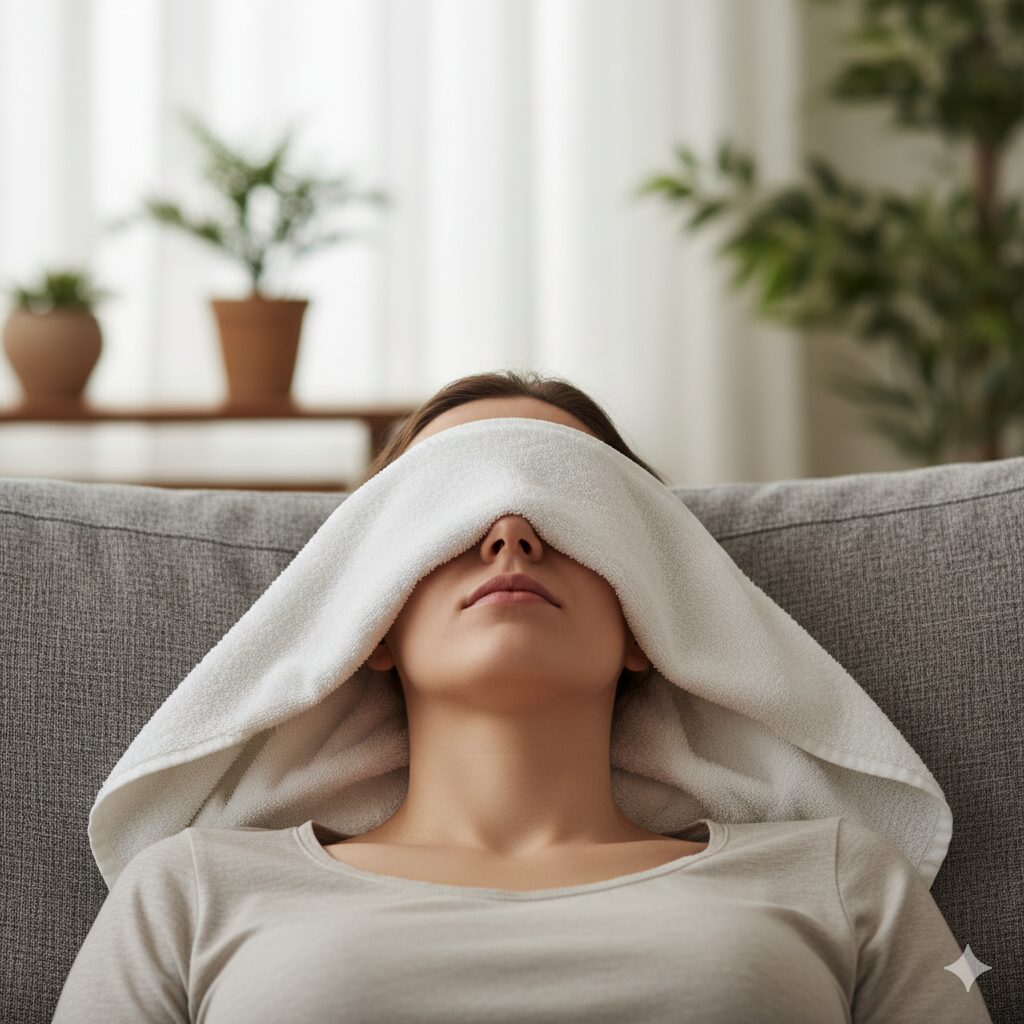 Image 4: A relaxing scene of someone using a warm towel compress over their eyes