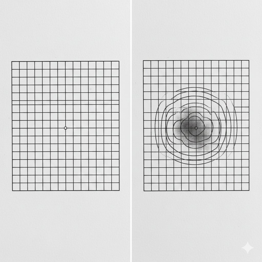 Image 1: A person looking concerned while observing distorted lines on a grid pattern.