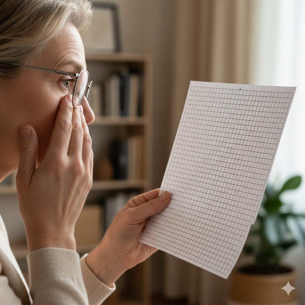 Image 2: A detailed guide showing a person covering one eye while performing the Amsler Grid test.