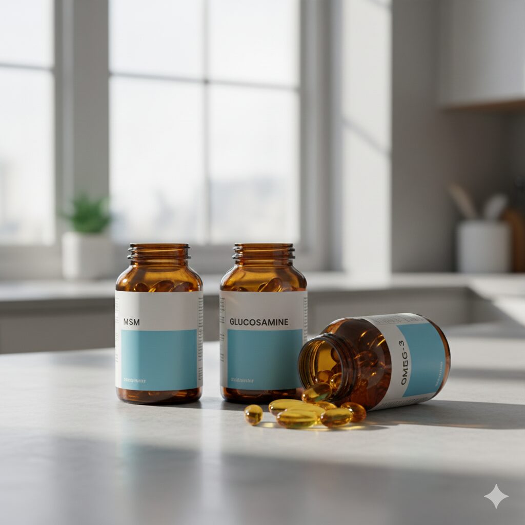 A still life photograph of three high-quality supplement bottles labeled $\text{MSM}$, Glucosamine, and Omega-3, standing neatly on a clean white or light gray surface. Capsules are spilling gently from one bottle. The lighting is soft and professional, emphasizing health and trust.